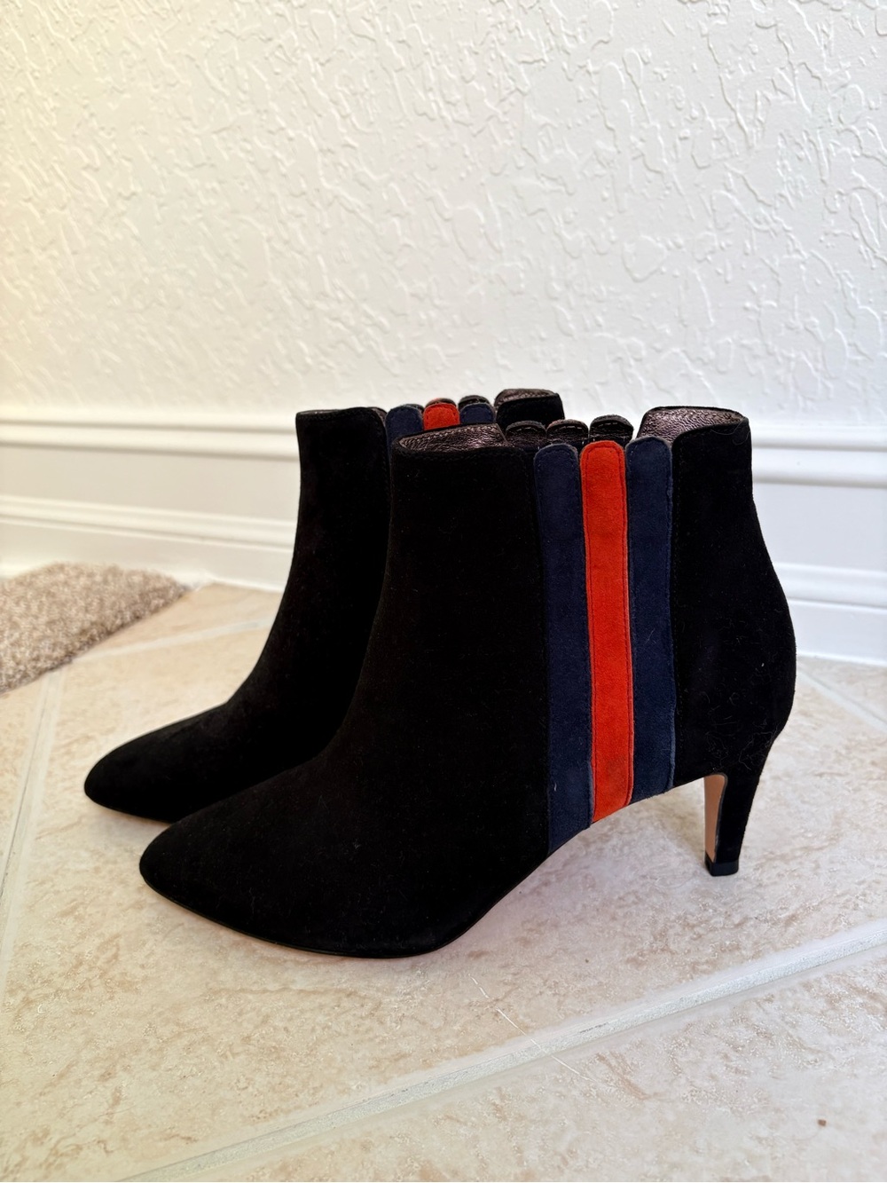 Boden Black Suede Ankle Boots with Navy and Red Stripes size 38